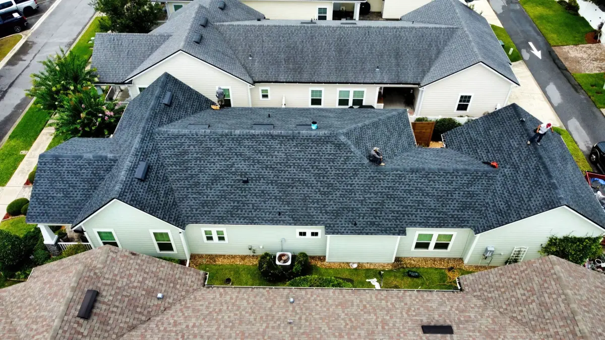 Aerial view of a new roof in a Florida neighborhood
